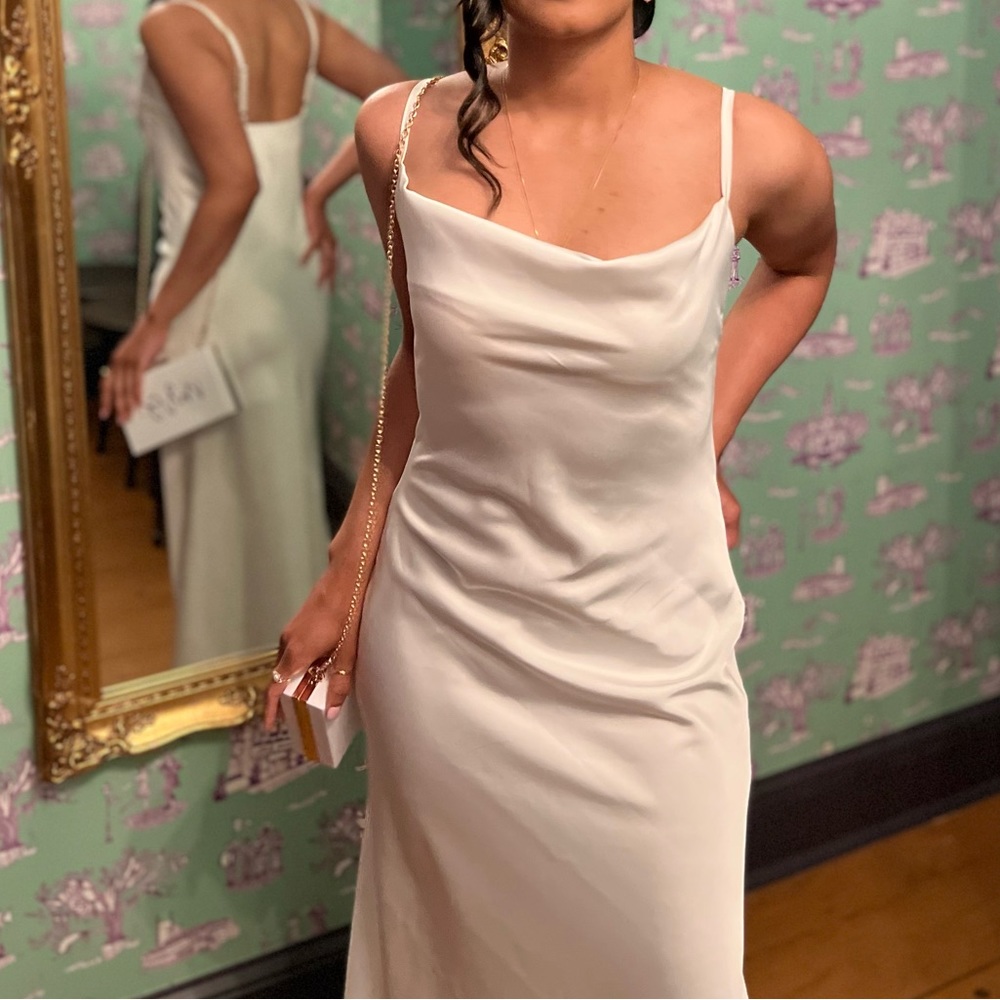 Ivory Satin Midi Dress with Feather Detail